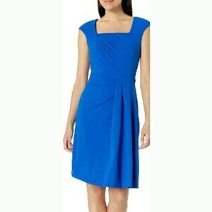 NWT CALVIN KLEIN Capri Blue Stretch Crepe Pleated Square Neck Sheath Dress 12